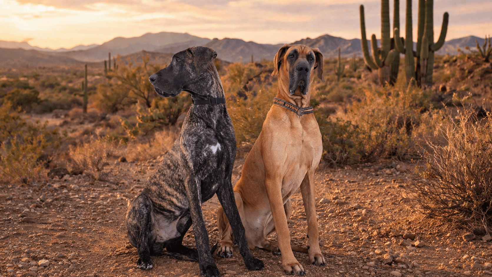 Two Great Danes at sunset in the Sonoran Desert